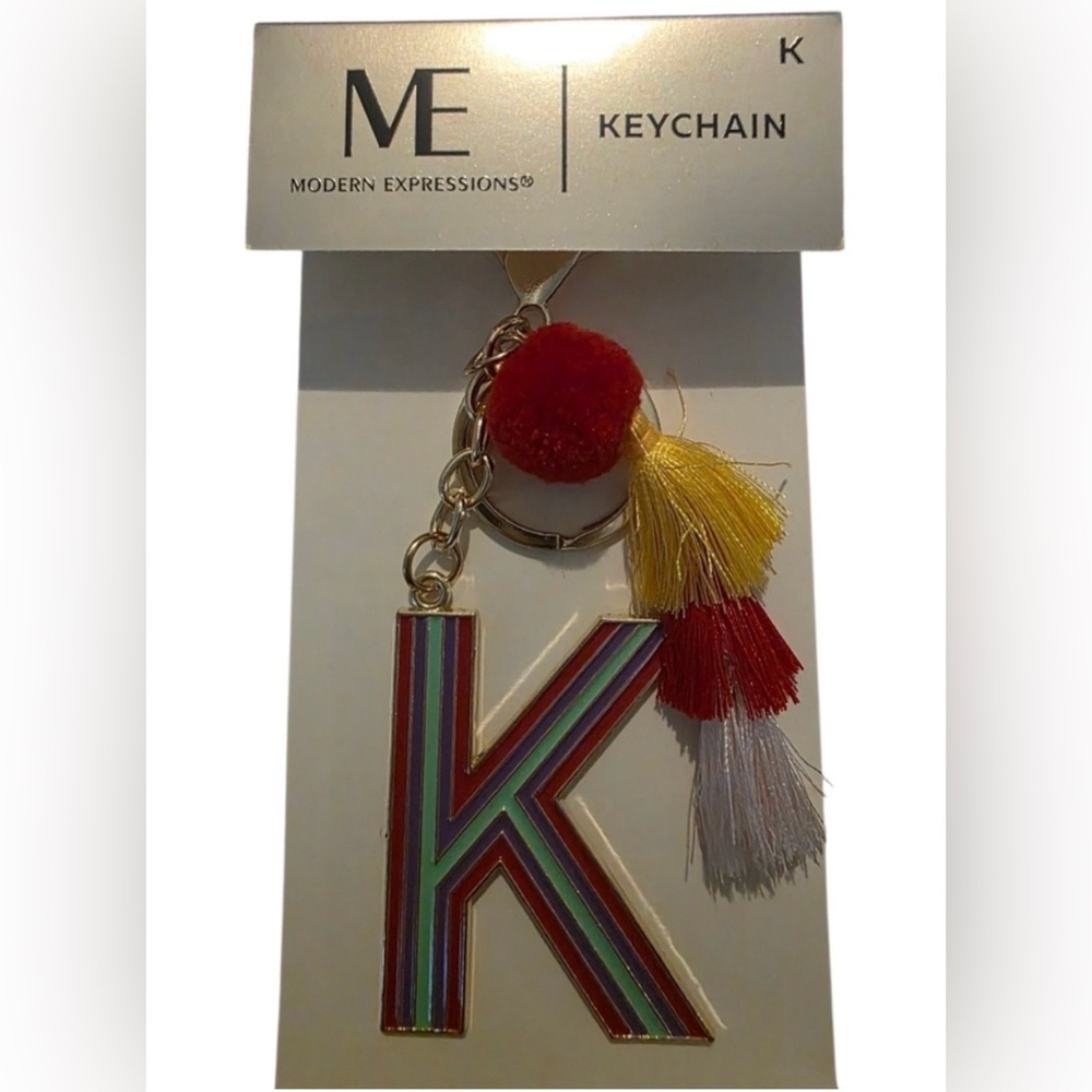 MODERN EXPRESSIONS MONOGRAM “K” KEYCHAIN. TEAL/GOLD TASSELS
